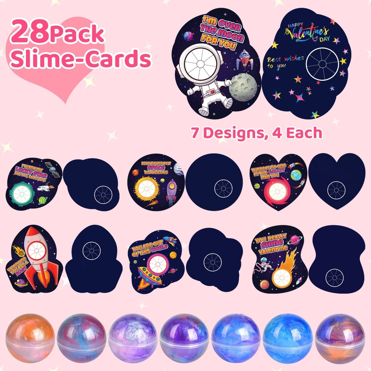 28-Pack Valentine’s Galaxy Slime Ball Fidget Toys & Cards Set - PopFun