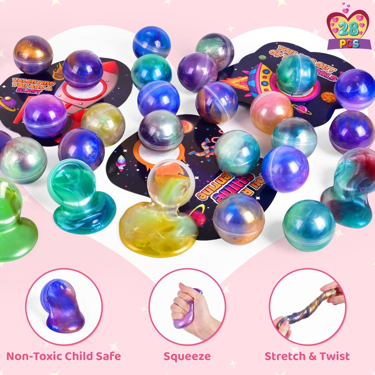 Slime Fidget 28-Pack Valentine’s Galaxy Slime Ball Fidget Toys & Cards Set - PopFun
