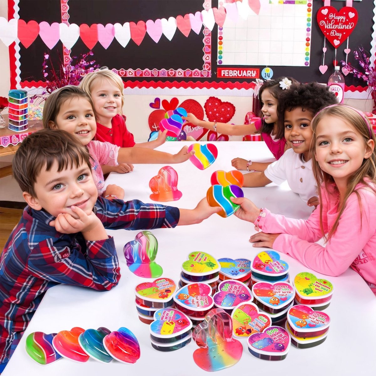 28PCS Kids Valentine Rainbow Heart Slime Kit with Cards - PopFun