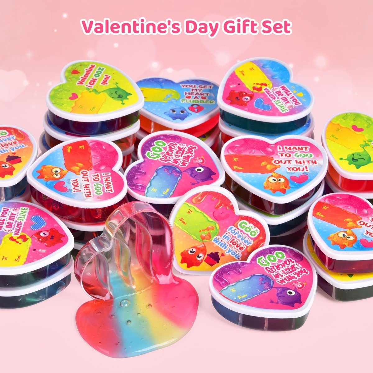 28PCS Kids Valentine Rainbow Heart Slime Kit with Cards - PopFun