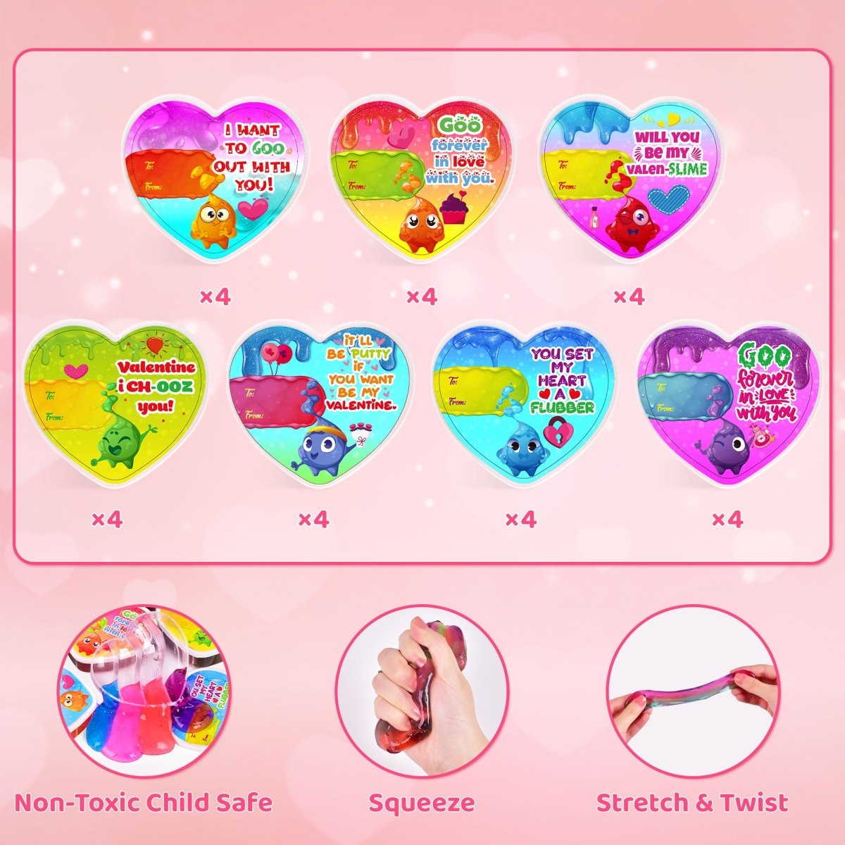 28PCS Kids Valentine Rainbow Heart Slime Kit with Cards - PopFun