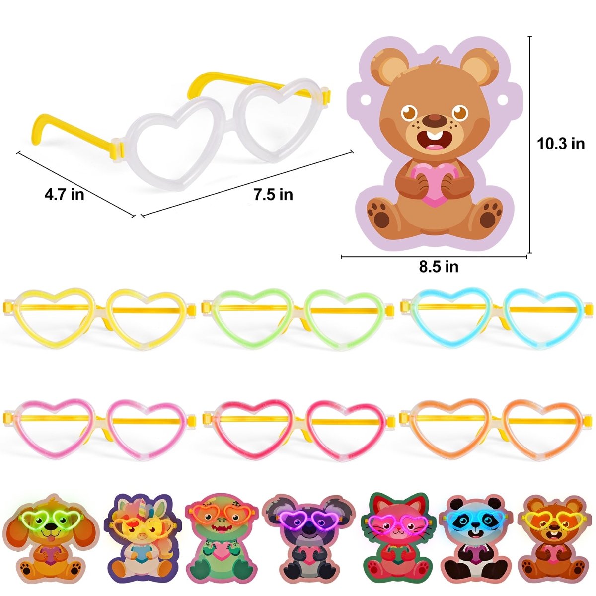 28PCs Valentine's Glow Stick Heart Sunglasses with Greeting Cards - PopFun