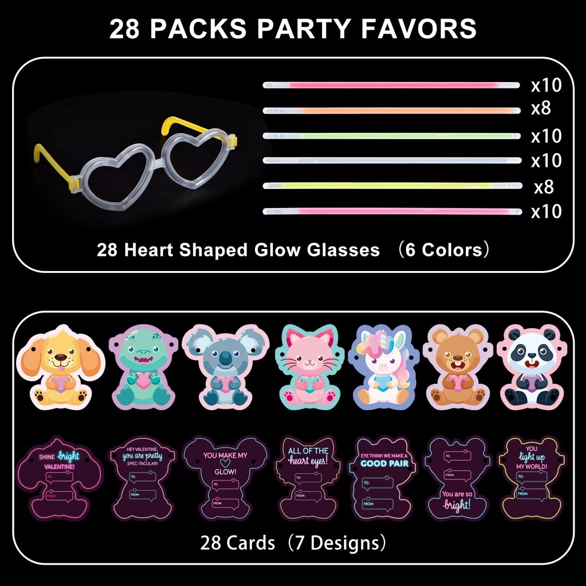 28PCs Valentine's Glow Stick Heart Sunglasses with Greeting Cards - PopFun