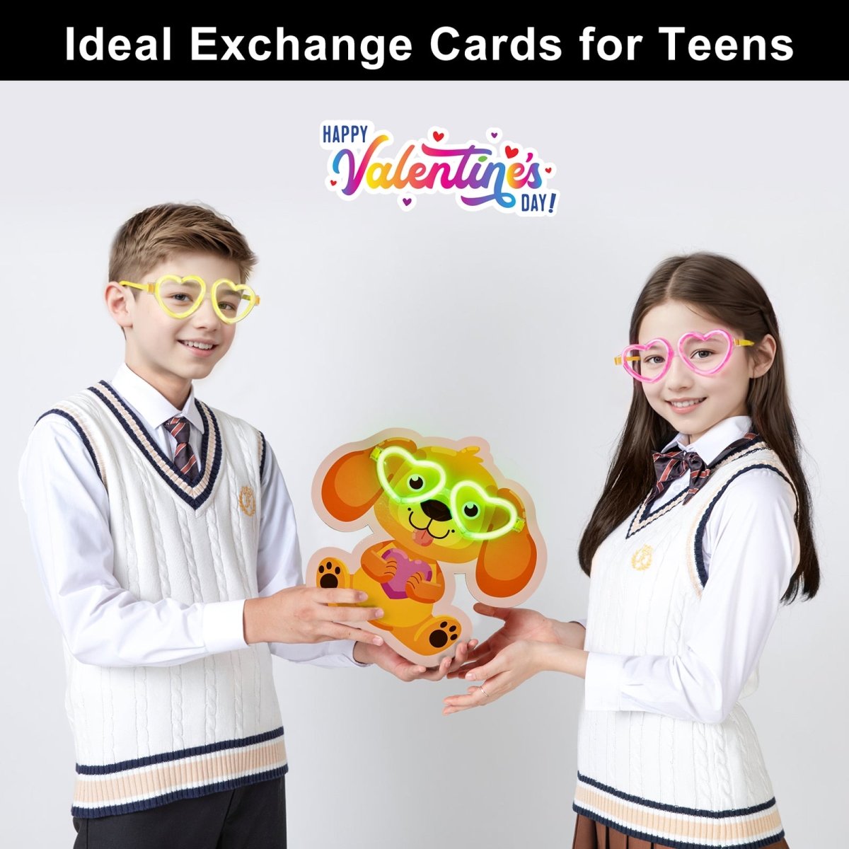 28PCs Valentine's Glow Stick Heart Sunglasses with Greeting Cards - PopFun