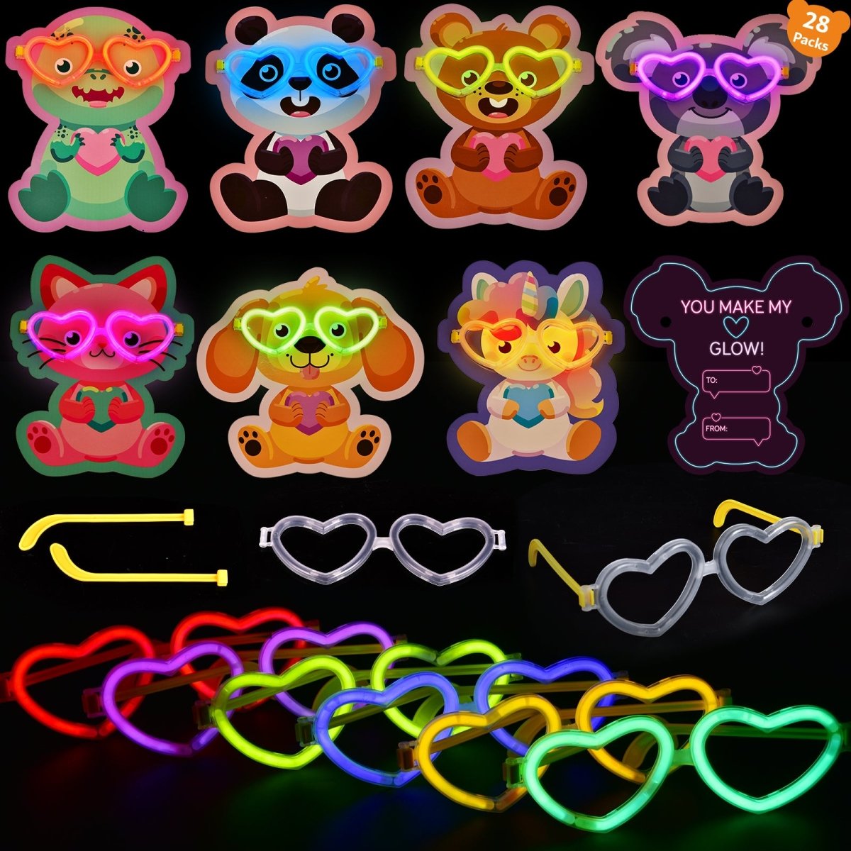 28PCs Valentine's Glow Stick Heart Sunglasses with Greeting Cards - PopFun