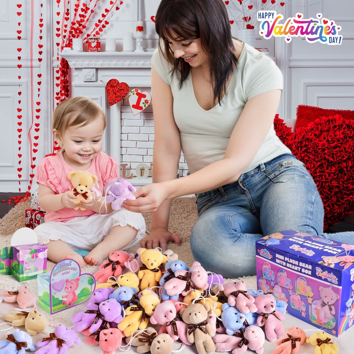 28PCS Valentine’s Mini Keychain Bear Plush Toys with Heart Boxes - PopFun