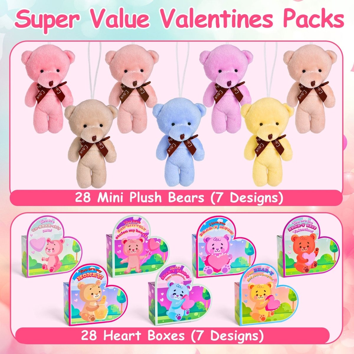 28PCS Valentine’s Mini Keychain Bear Plush Toys with Heart Boxes - PopFun