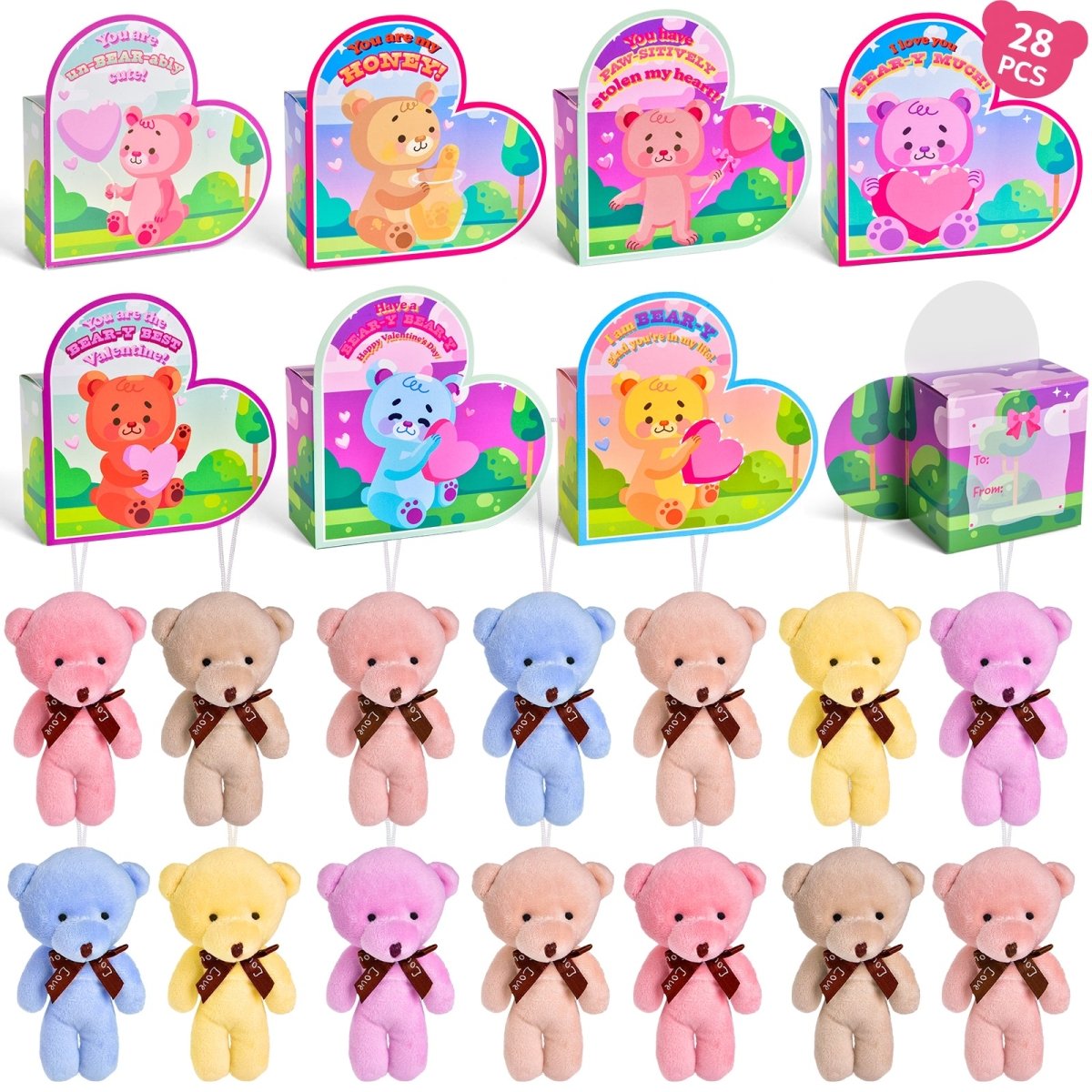 28PCS Valentine’s Mini Keychain Bear Plush Toys with Heart Boxes - PopFun