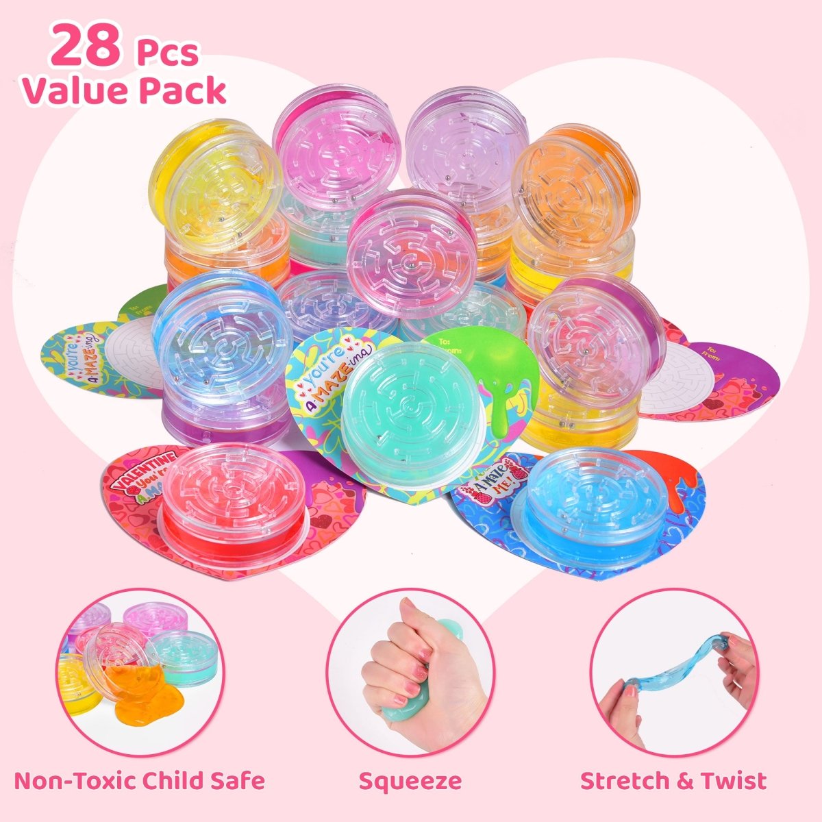 28PCs Valentine’s Slime with Maze Box & Heart-Shaped Cards - PopFun