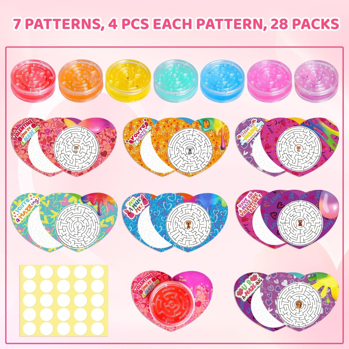 28PCs Valentine’s Slime with Maze Box & Heart-Shaped Cards - PopFun