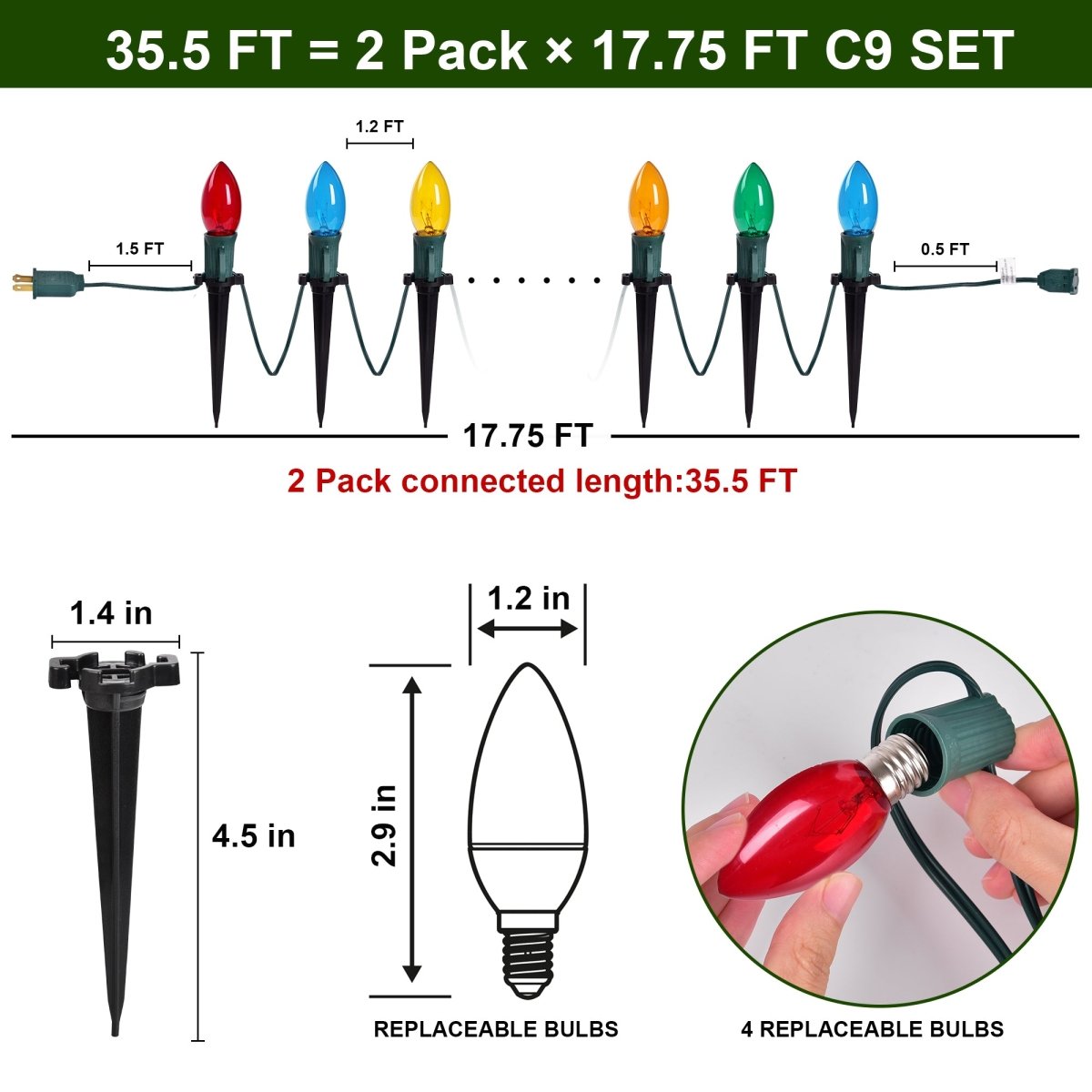 30.75FT Multicolored Christmas C9 Pathway Marker String Lights - PopFun