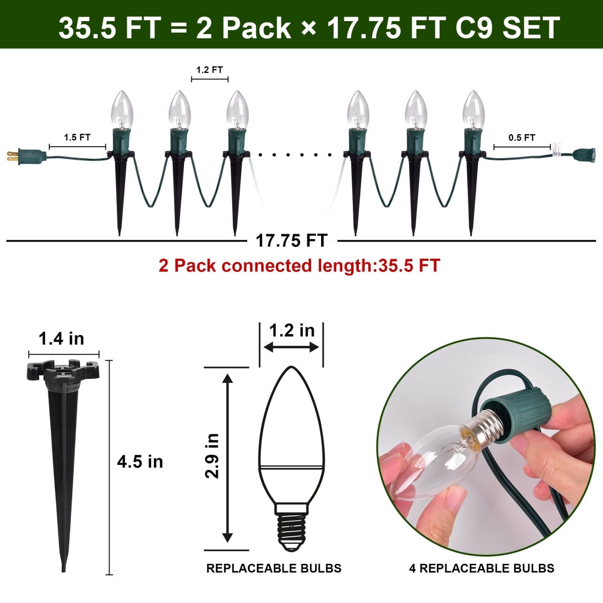 30.75FT Warm White Christmas C9 Pathway Marker String Lights - PopFun