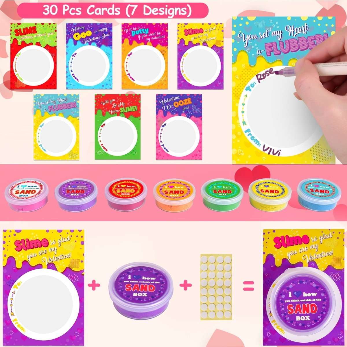 30PCs Valentine Sand Slimes with Cards for Kids Valentine’s Day - PopFun