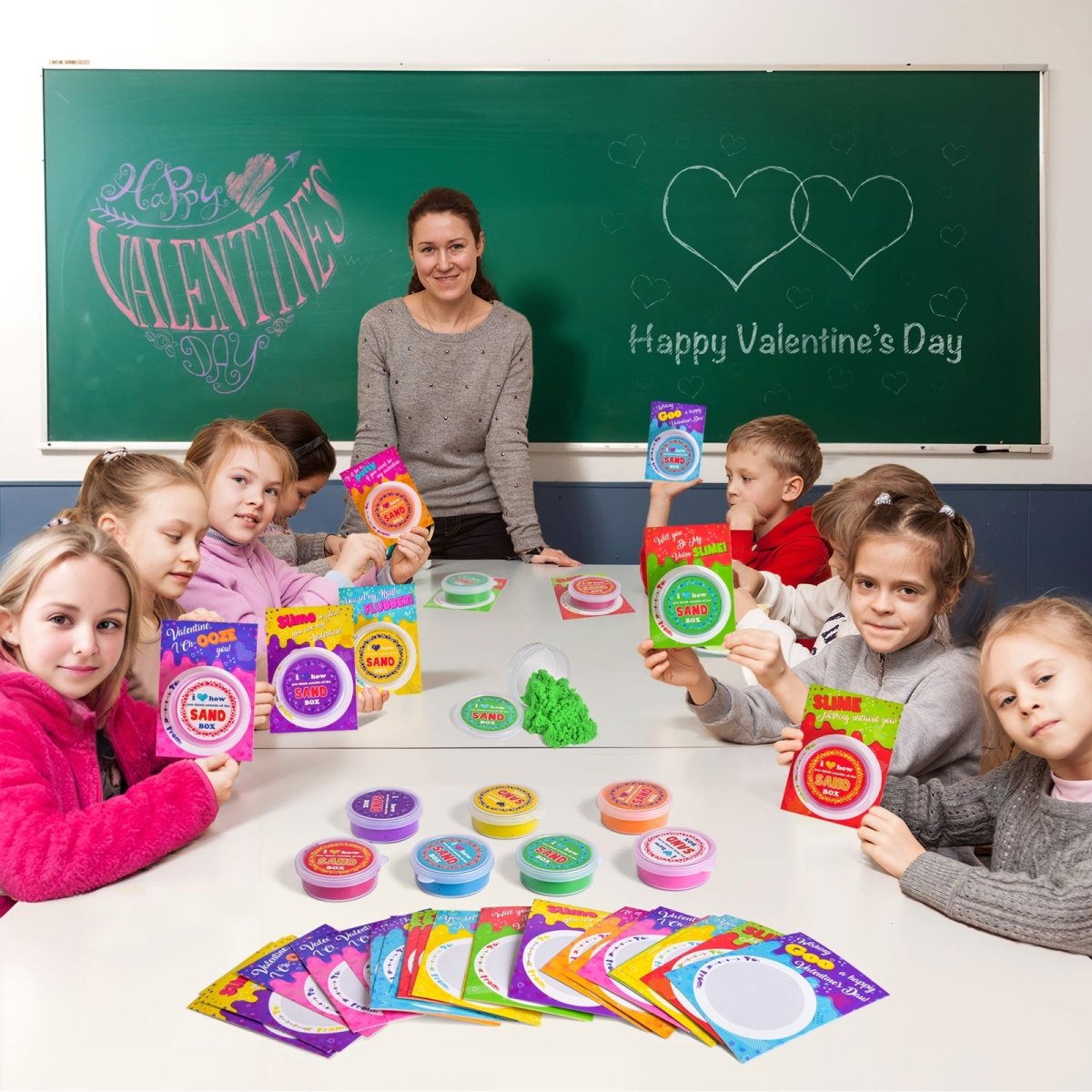 30PCs Valentine Sand Slimes with Cards for Kids Valentine’s Day - PopFun