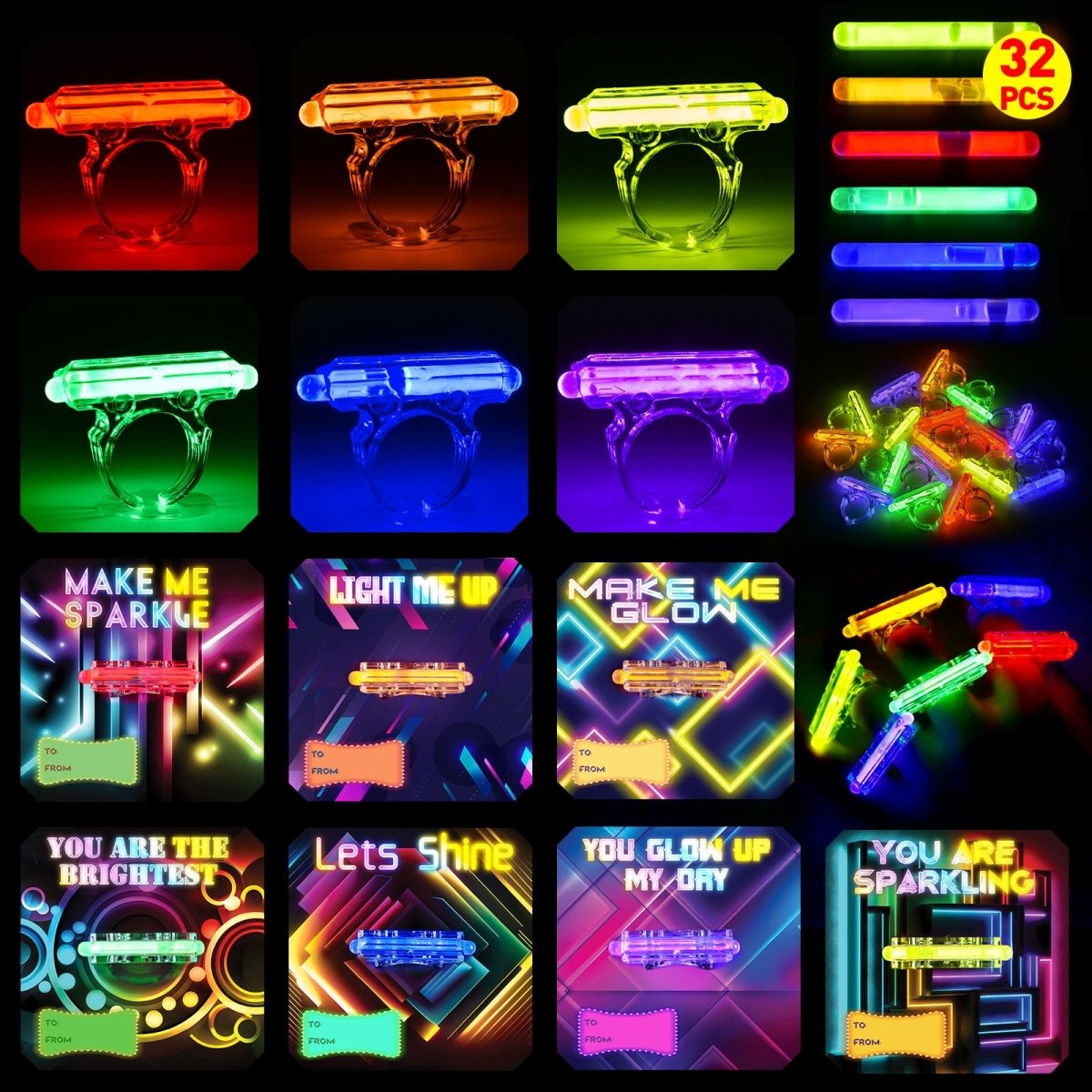 32PCs Kids' Valentine’s Glow Stick Rings with Personalized Cards - PopFun