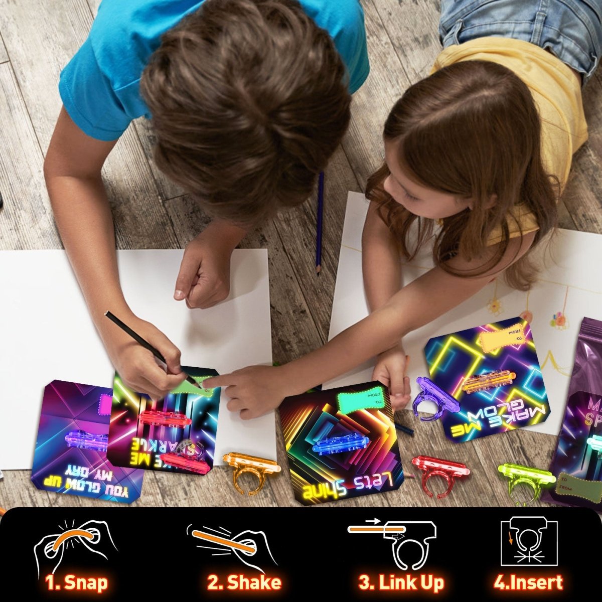 32PCs Kids' Valentine’s Glow Stick Rings with Personalized Cards - PopFun