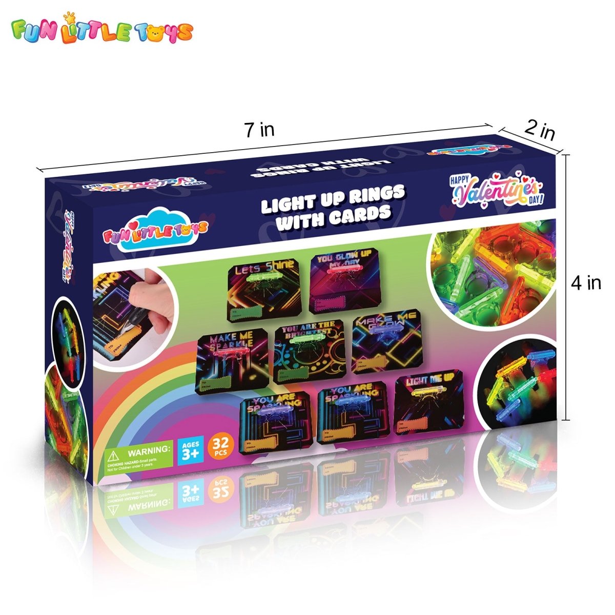 32PCs Kids' Valentine’s Glow Stick Rings with Personalized Cards - PopFun