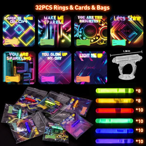 32PCs Kids' Valentine’s Glow Stick Rings with Personalized Cards - PopFun