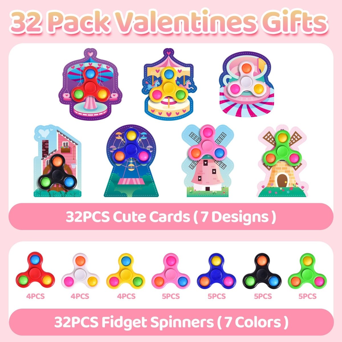 32PCs Valentine Fidget Spinner Stress Relief Toys with Valentine Cards - PopFun