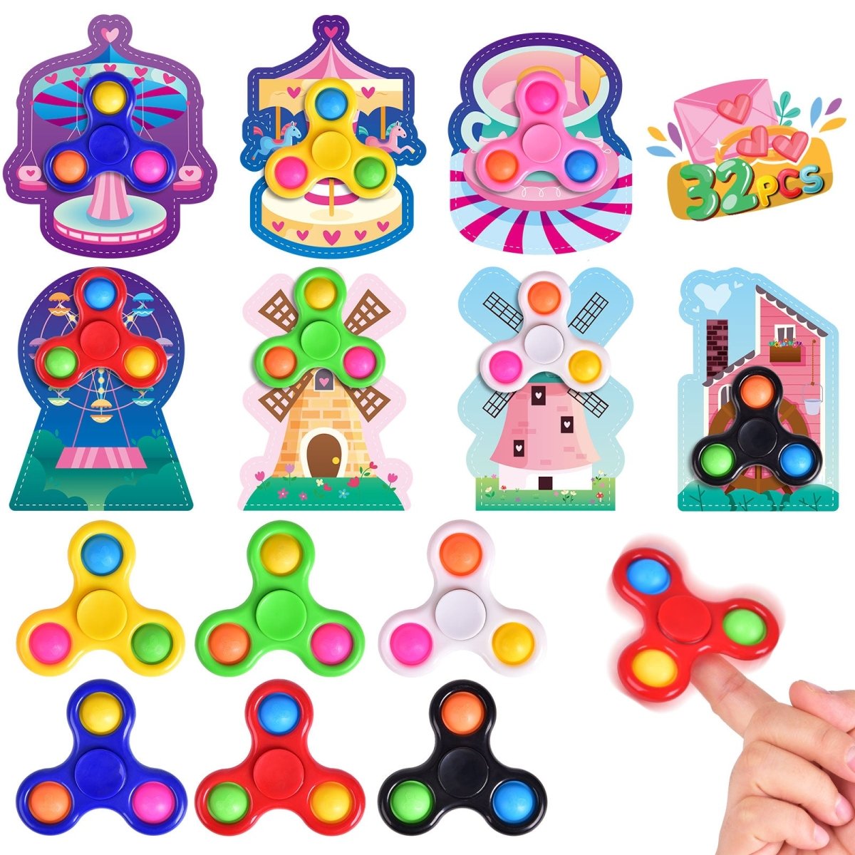 32PCs Valentine Fidget Spinner Stress Relief Toys with Valentine Cards - PopFun