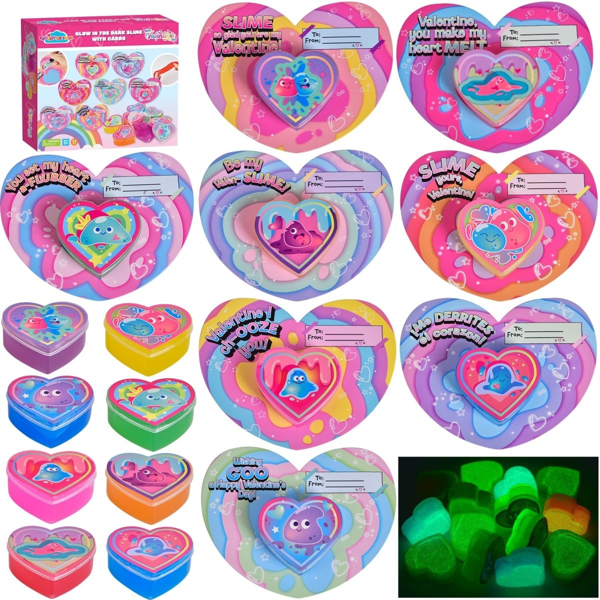 32PCS Valentine Glowing Slimes with Greeting Cards - Wholesale - PopFun
