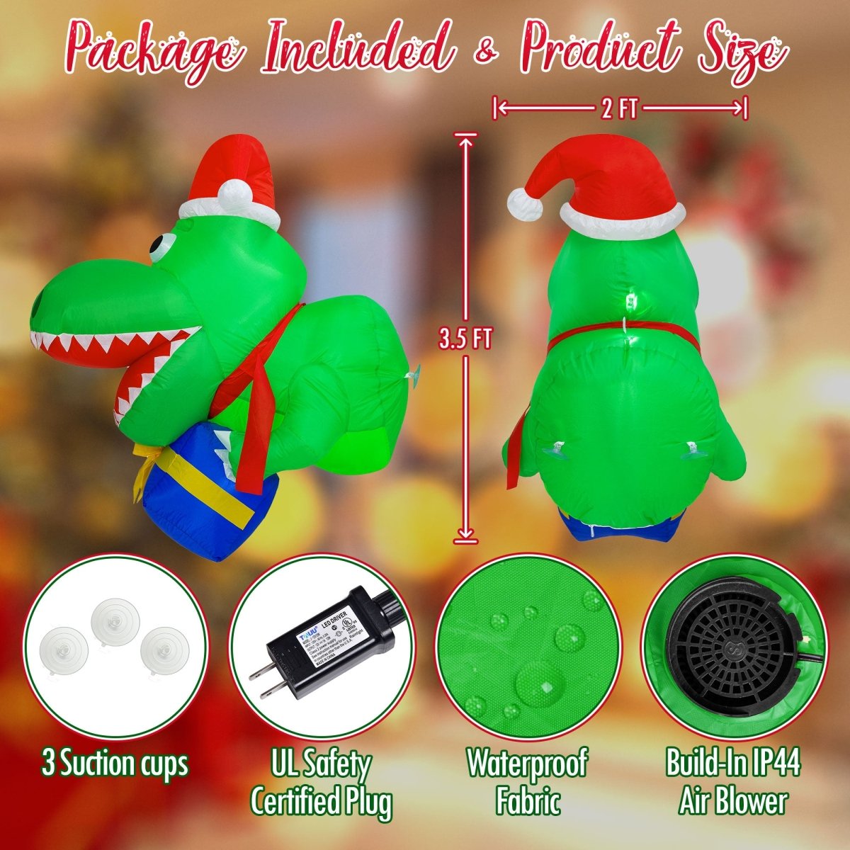 3.5FT Inflatable Christmas Santa Dinosaur - PopFun