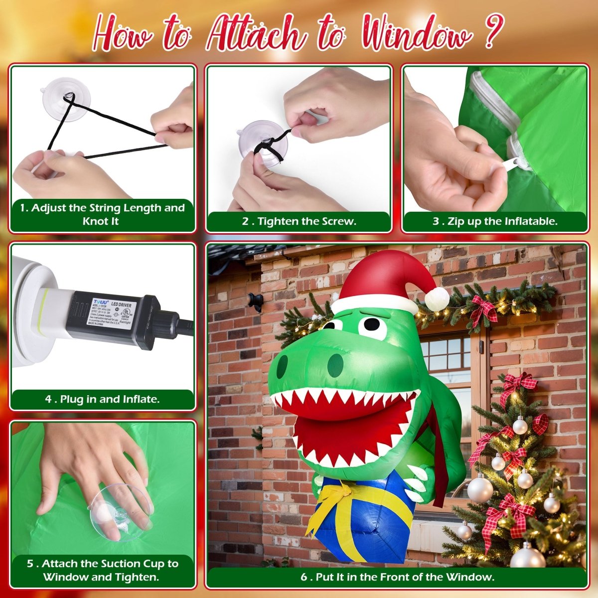 3.5FT Inflatable Christmas Santa Dinosaur - PopFun