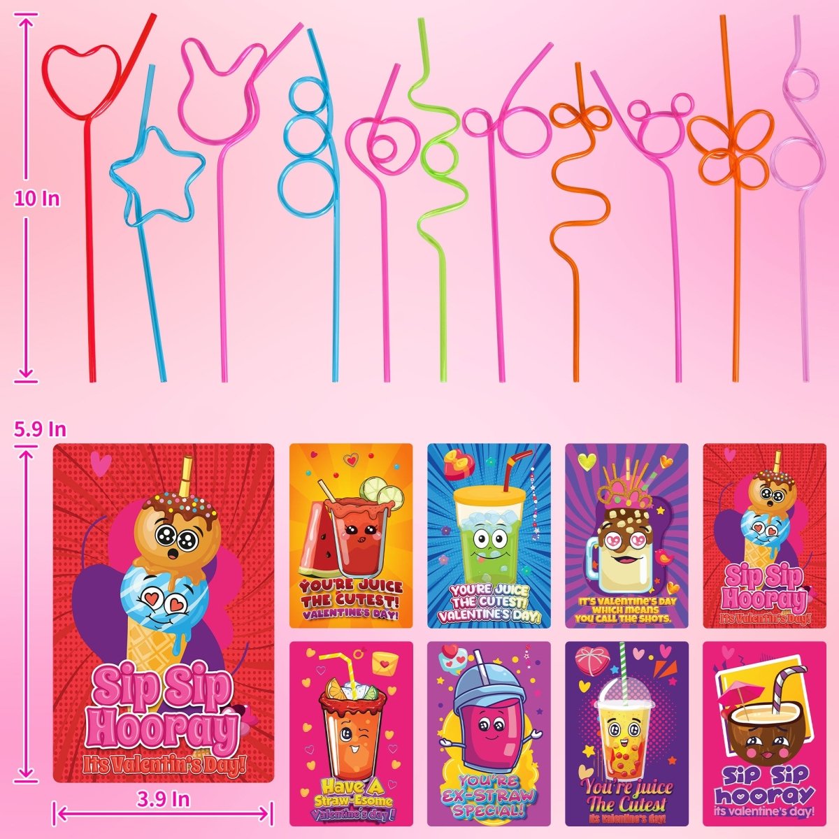 36PCS Kids' Valentine Cards with Crazy Loop Straws Set - PopFun