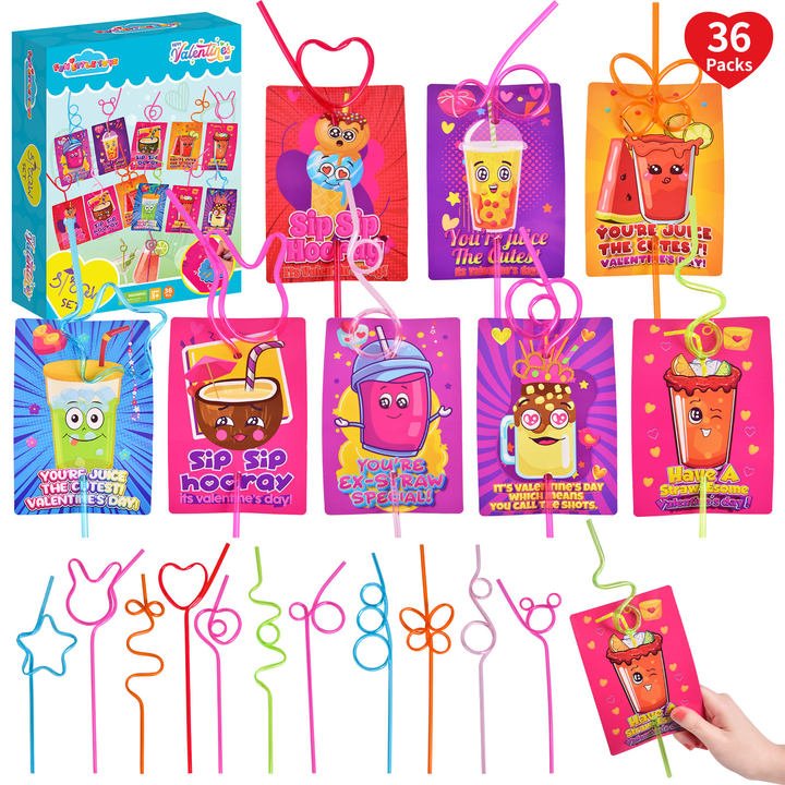 36PCS Kids' Valentine Cards with Crazy Loop Straws Set - Wholesale - PopFun