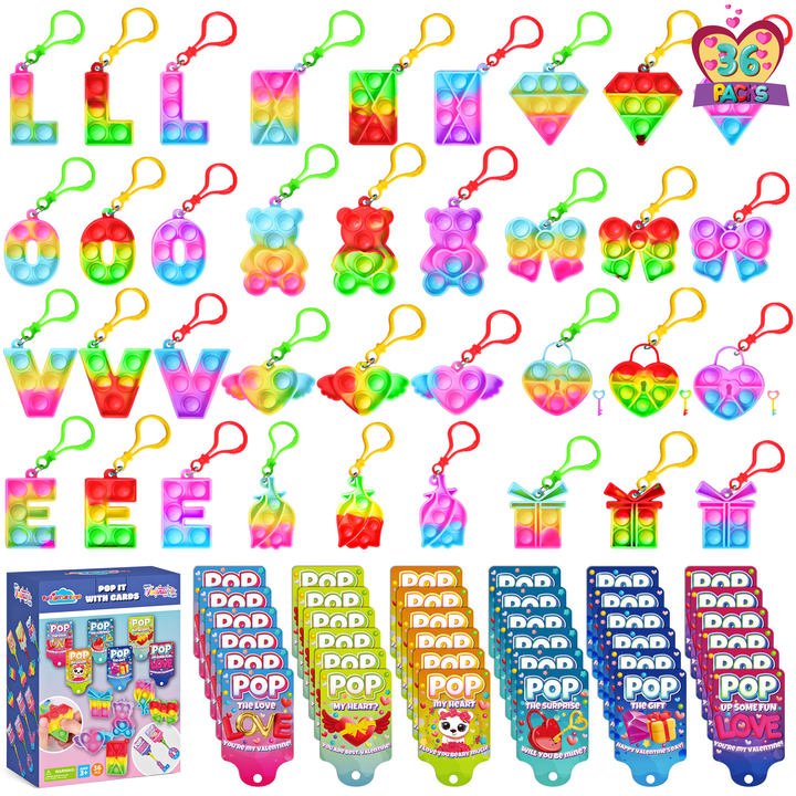 36PCS Valentine Cards with Pop Bubble Keychain Fidget Toys - PopFun