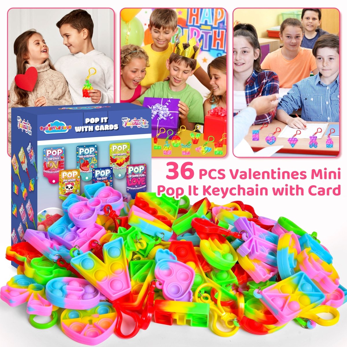 36PCS Valentine Cards with Pop Bubble Keychain Fidget Toys - PopFun