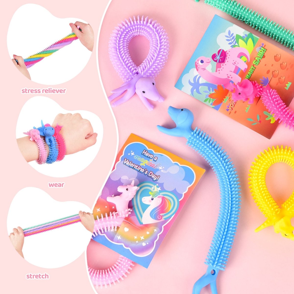 36PCs Valentine's Unicorn Noodle Fidget Toys with Valentine Cards - PopFun