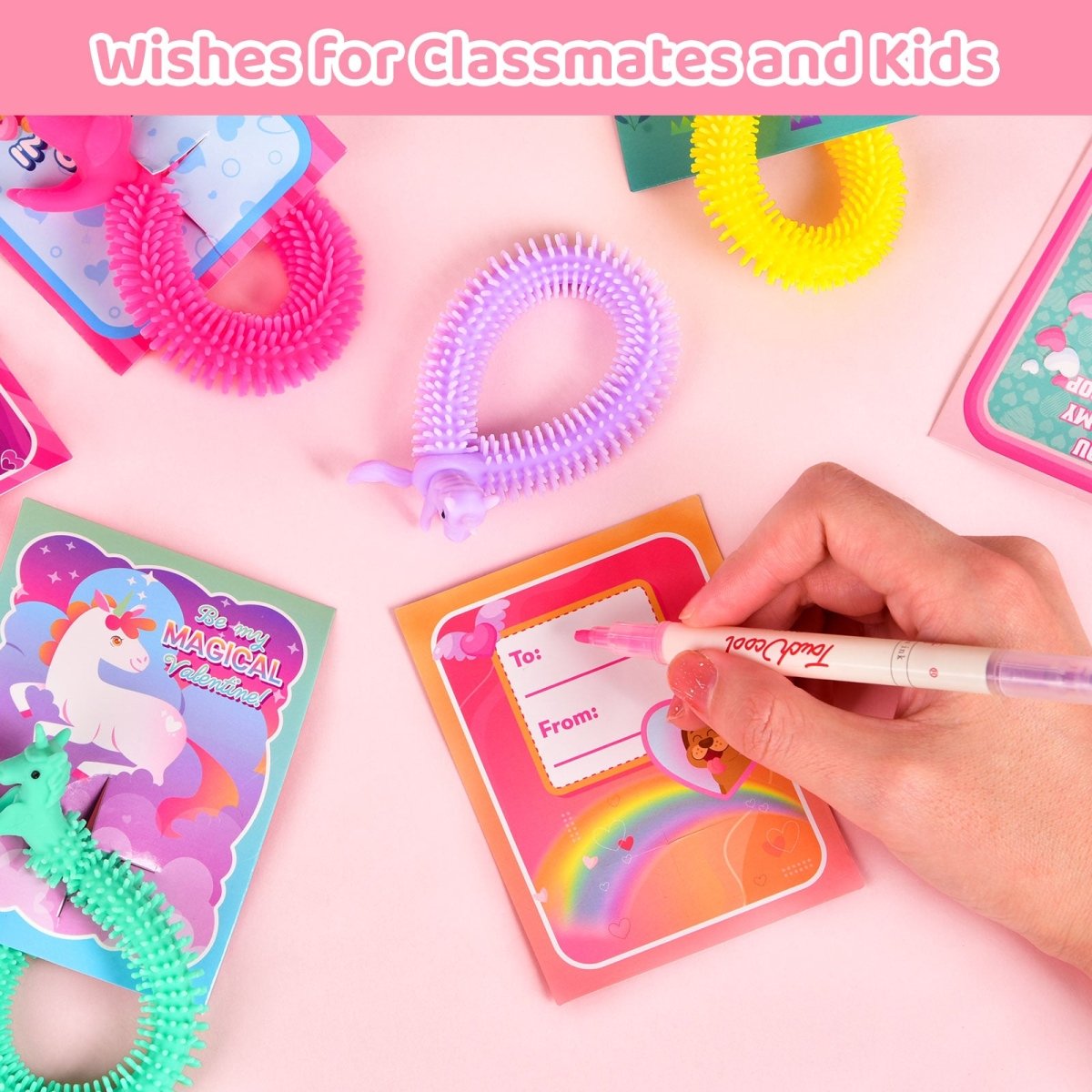 36PCs Valentine's Unicorn Noodle Fidget Toys with Valentine Cards - PopFun