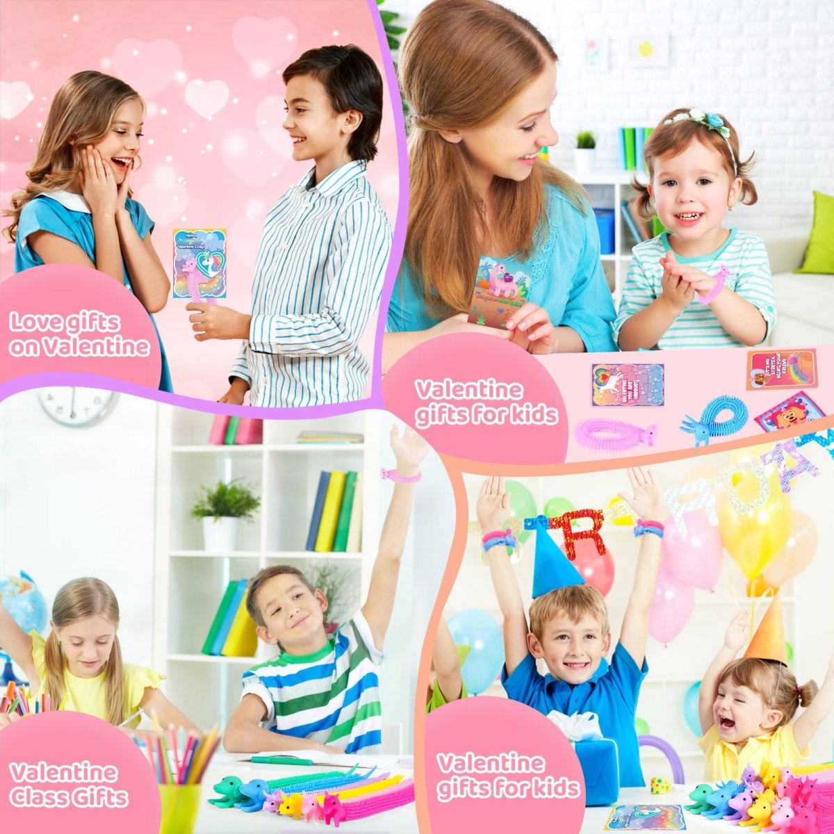 28-Pack Unicorn Dinosaur Keychains With Valentine Cards - Popping Eye Animal Keychains, 7 Designs, Classroom Exchange Gifts For Kids
