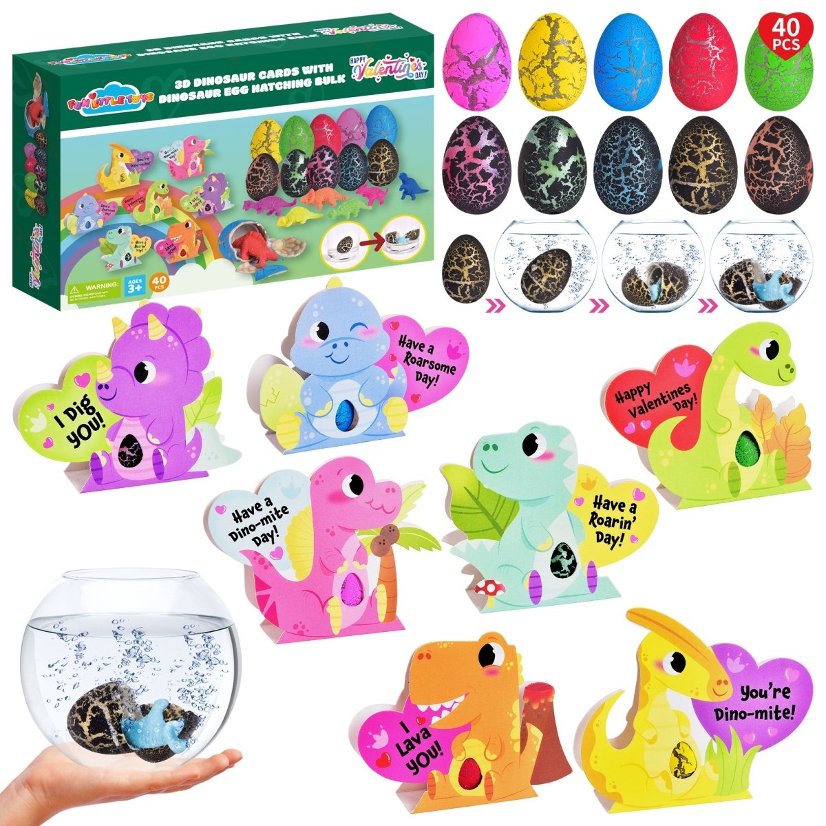 40PCS Valentine’s Colorful Dinosaur Hatching Eggs with 3D Greeting Cards - PopFun