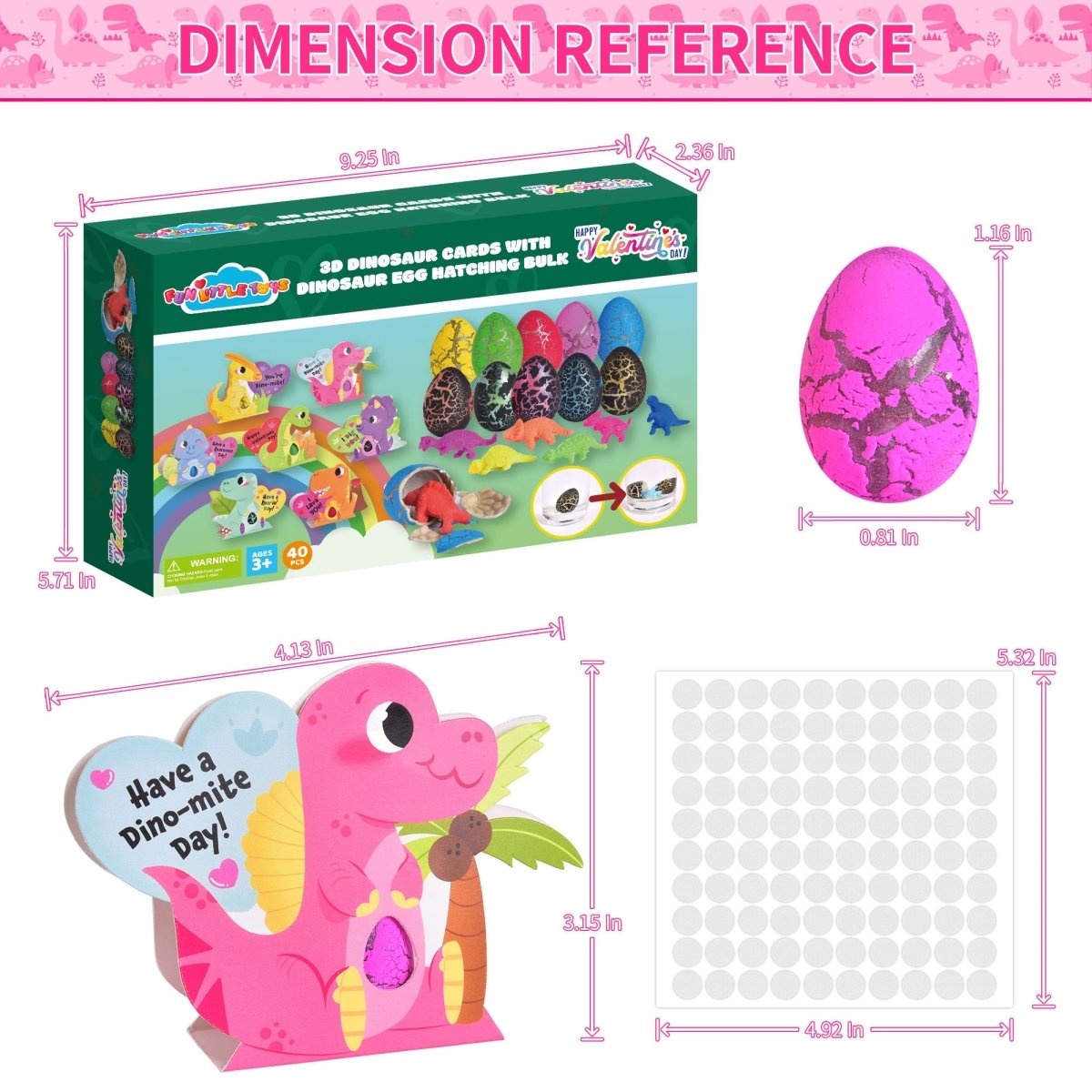 40PCS Valentine’s Colorful Dinosaur Hatching Eggs with 3D Greeting Cards - PopFun