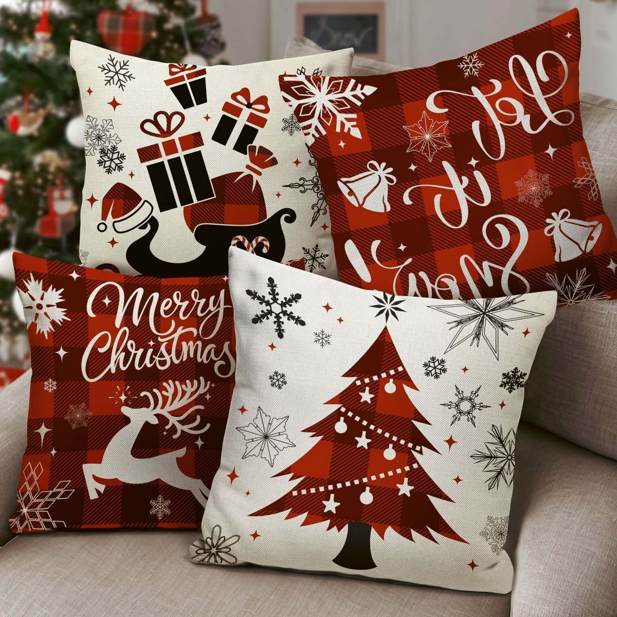 4PCS Christmas White & Red Plaid Pillow Covers Set - Wholesale - PopFun