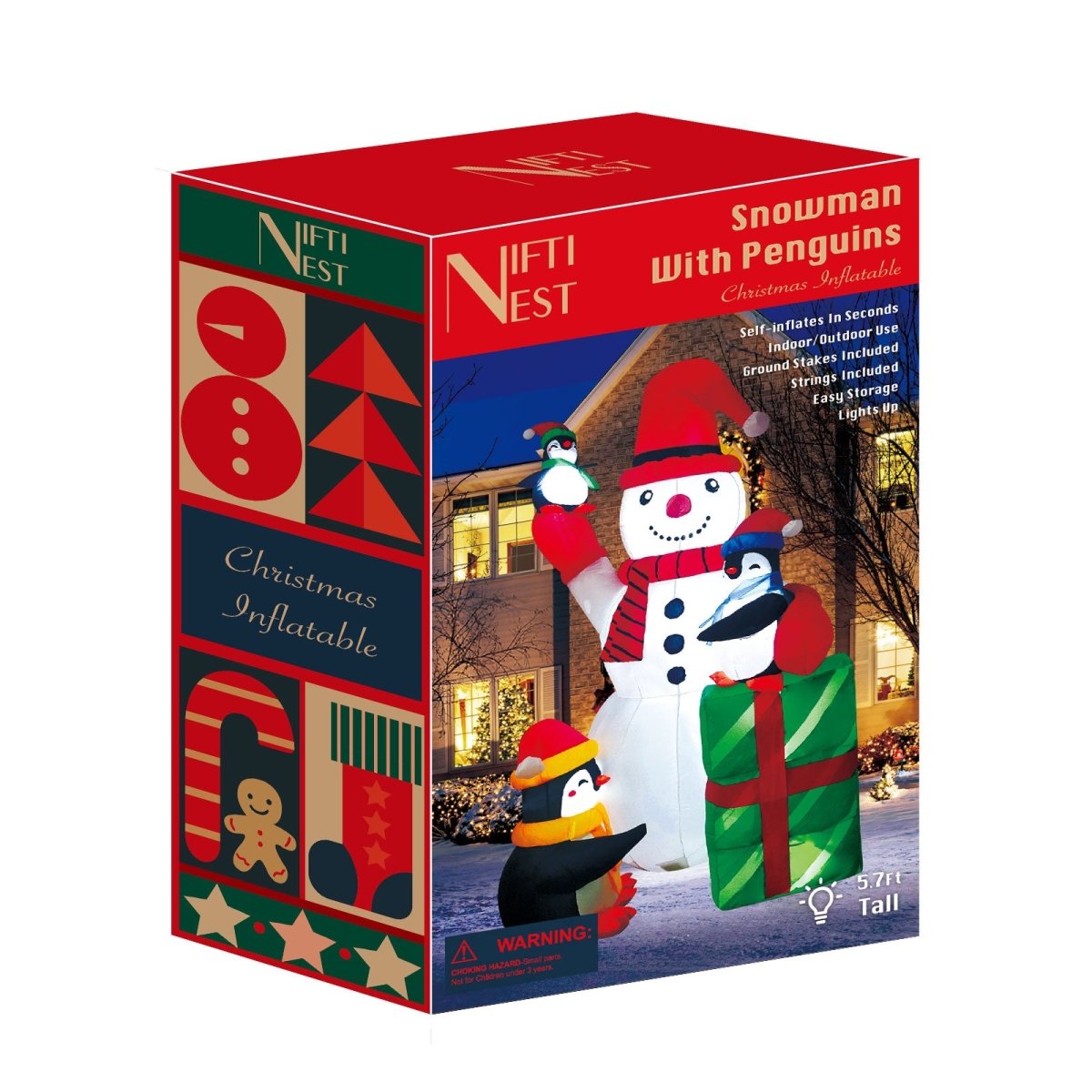 5.7 FT Christmas Inflatable Snowman and Penguins - PopFun