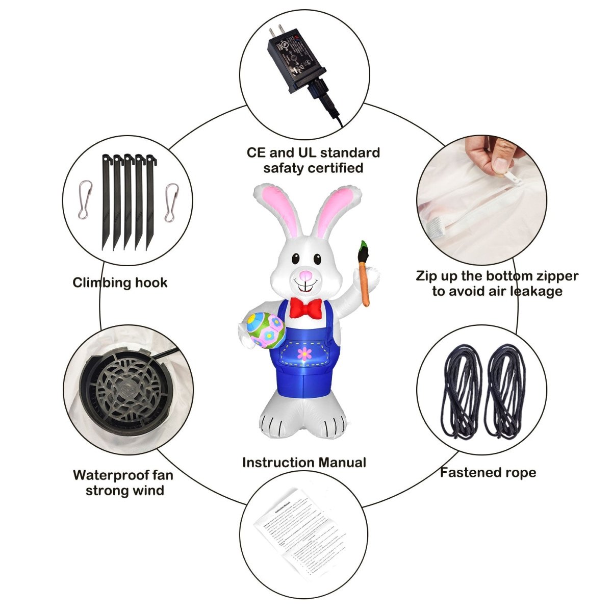 5.9 FT Easter Inflatable Bunny with Egg and Pen - PopFun