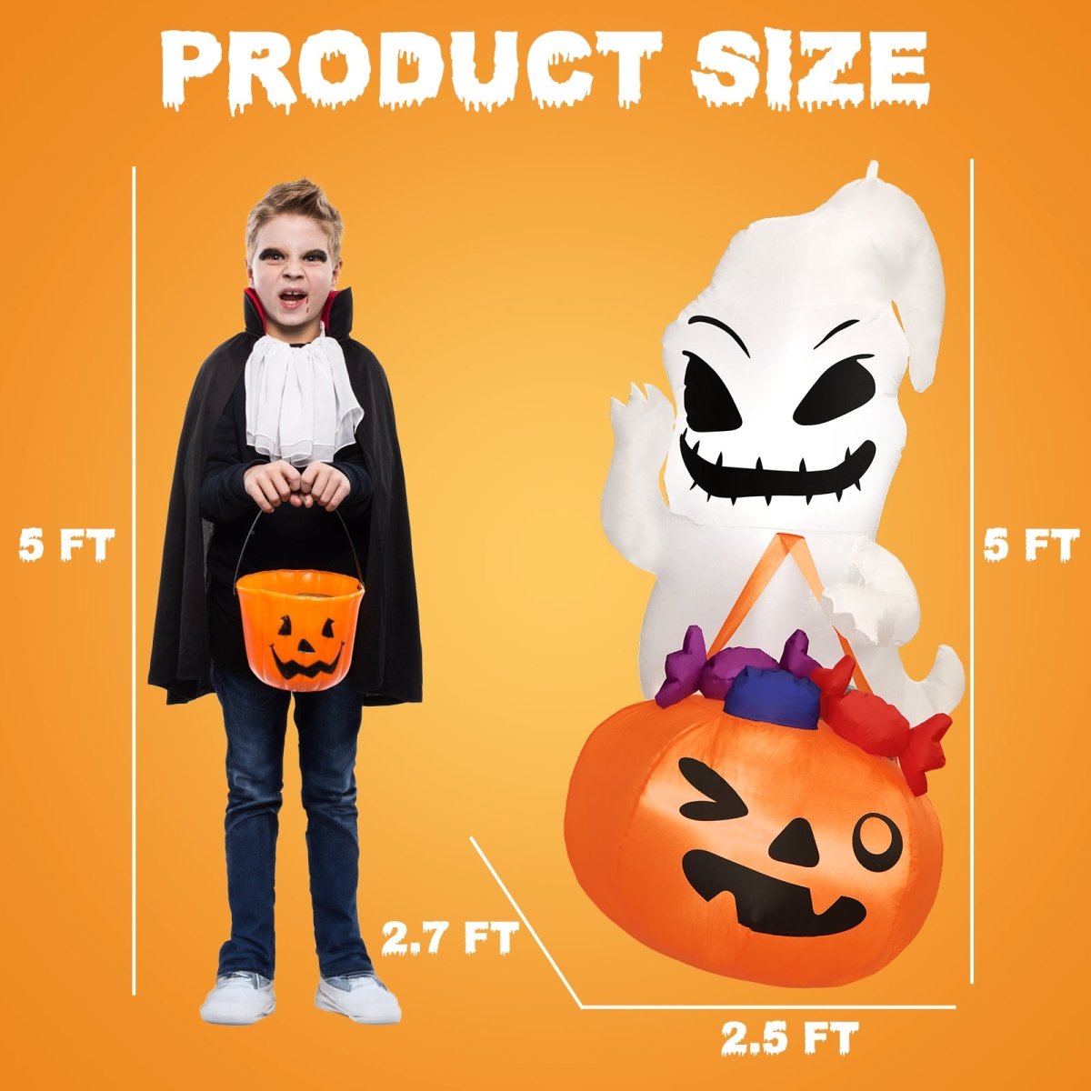 5ft. Inflatable Ghost Holding Trick or Treat Bag - PopFun