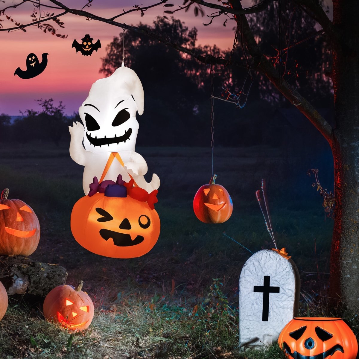 5ft. Inflatable Ghost Holding Trick or Treat Bag - PopFun
