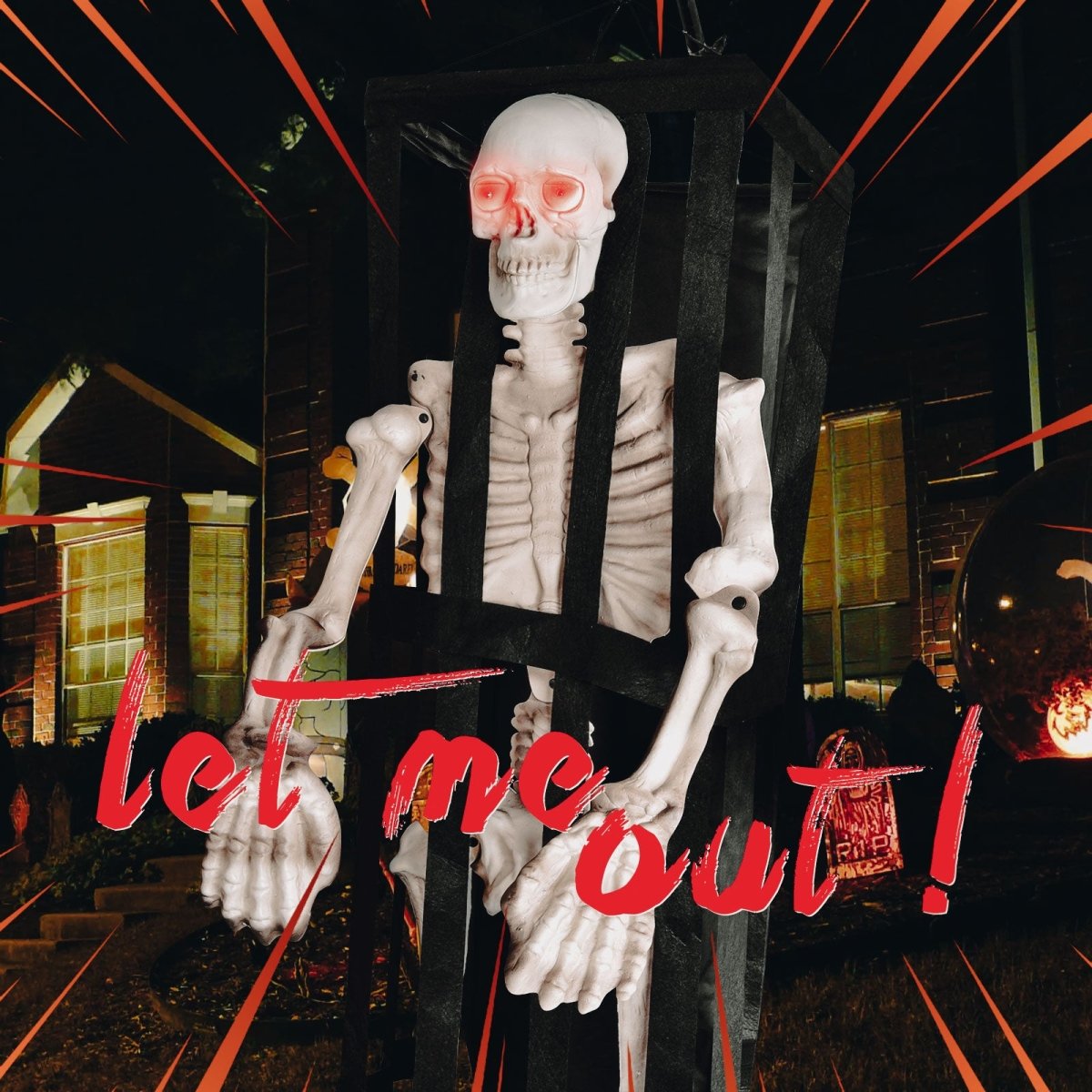 64" Halloween Interactive Hanging Caged Skeleton with Lights and Sounds - PopFun