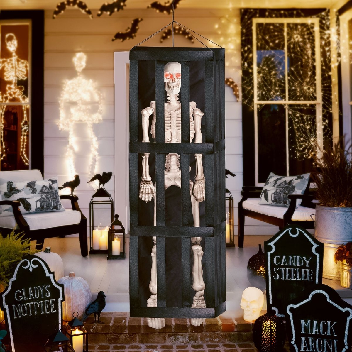 64" Halloween Interactive Hanging Caged Skeleton with Lights and Sounds - PopFun