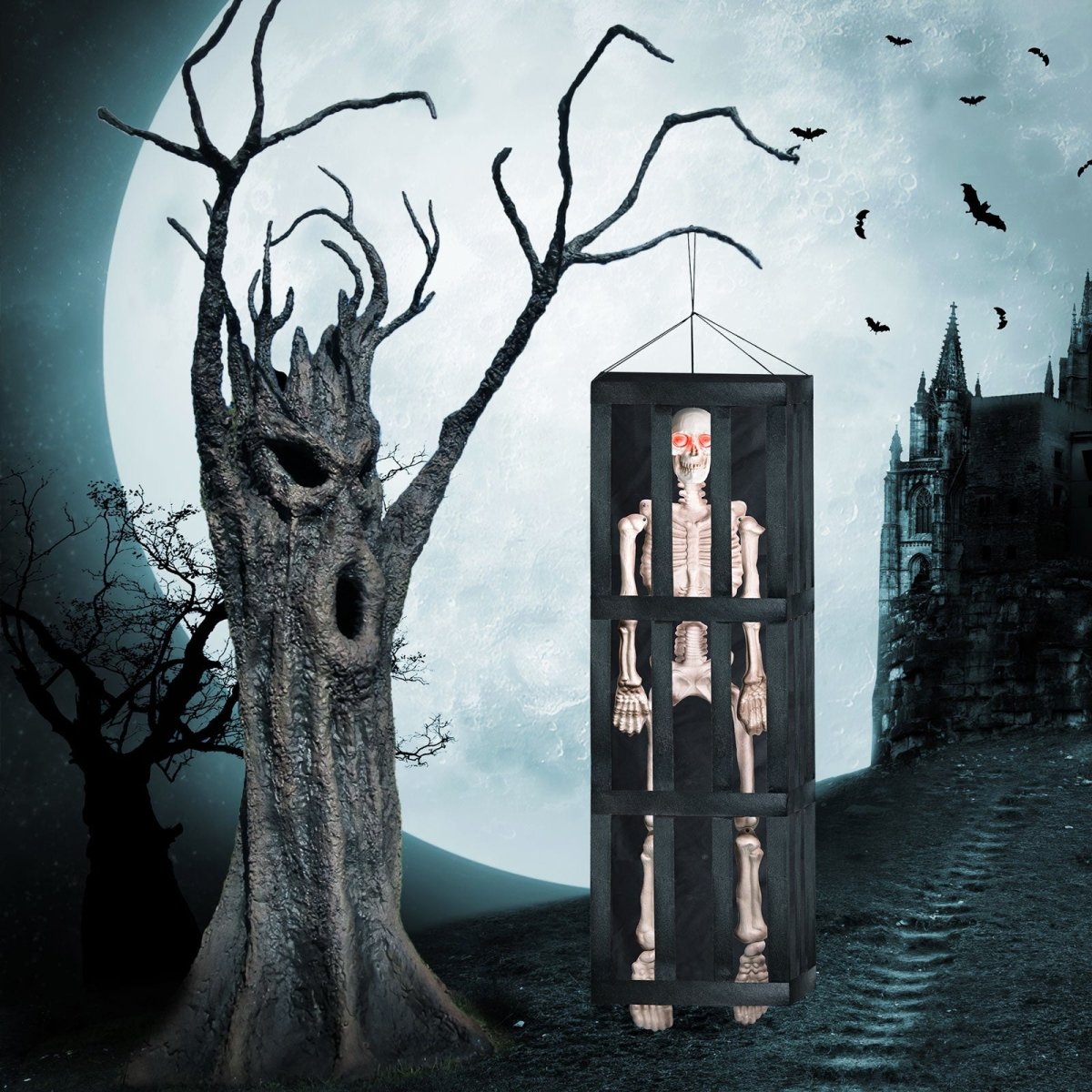 64" Halloween Interactive Hanging Caged Skeleton with Lights and Sounds - PopFun