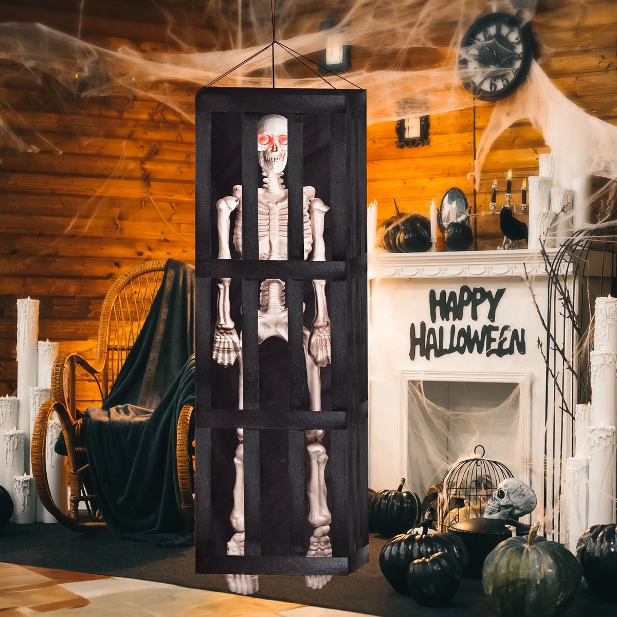 64" Halloween Interactive Hanging Caged Skeleton with Lights and Sounds - PopFun