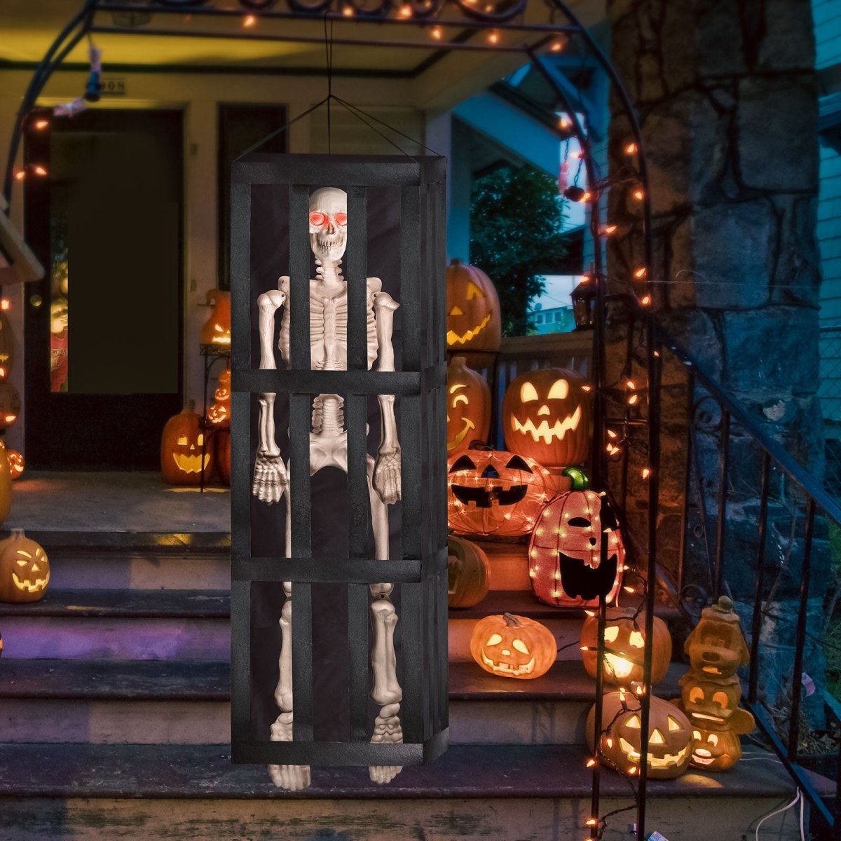 64" Halloween Interactive Hanging Caged Skeleton with Lights and Sounds - PopFun