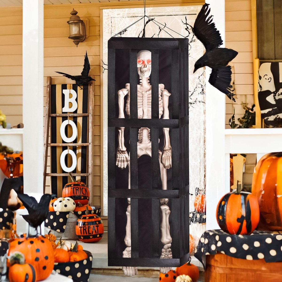 64" Halloween Interactive Hanging Caged Skeleton with Lights and Sounds - PopFun