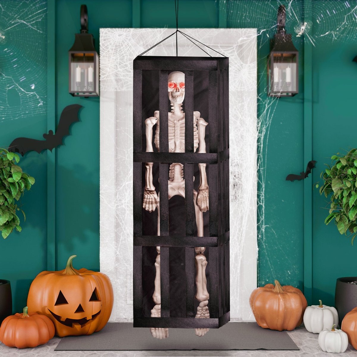 64" Halloween Interactive Hanging Caged Skeleton with Lights and Sounds - PopFun
