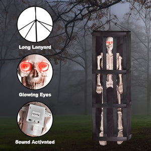64" Halloween Interactive Hanging Caged Skeleton with Lights and Sounds - PopFun