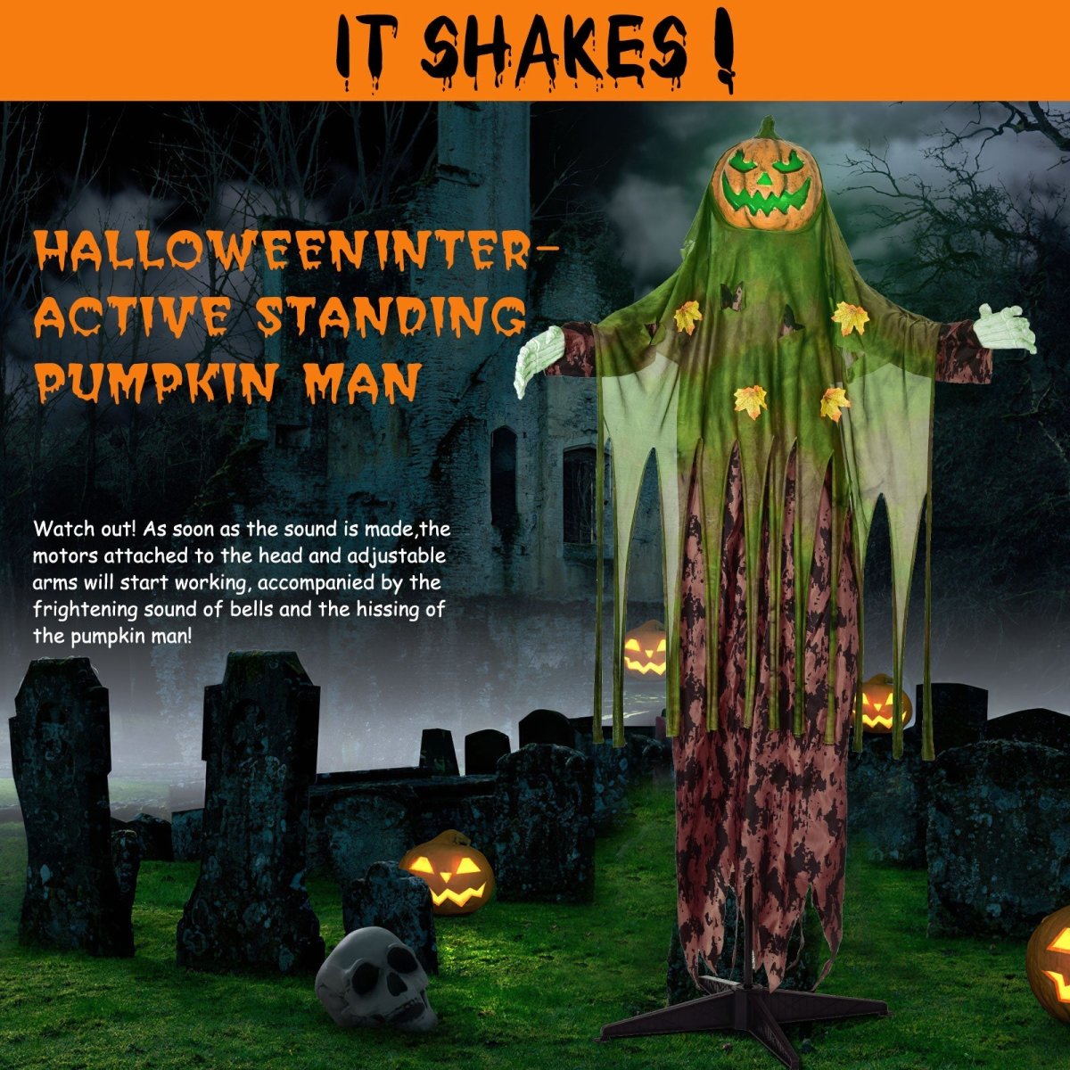 67" Halloween Interactive Standing Pumpkin Man with Lights and Sounds - PopFun